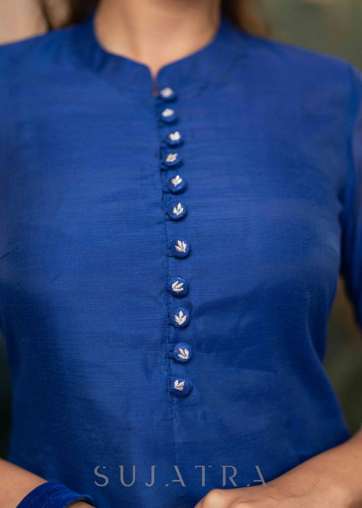 Beautiful Royal Blue Chanderi Kurta With Silver Embroidery On Sleeves - Pant Optional