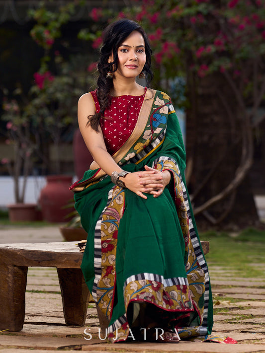 Classy Green Cotton Saree with Artisan Kalamkari Border