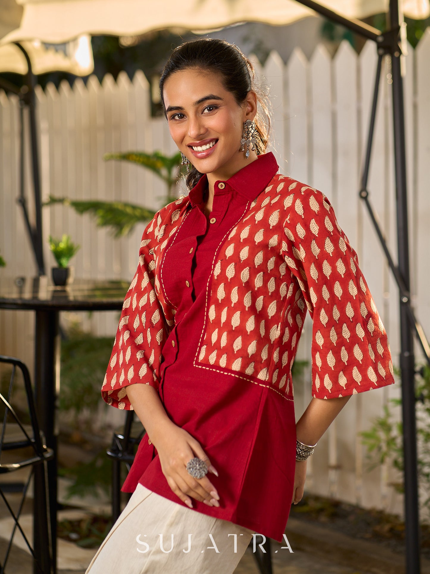 Deep Maroon Panelled Cotton Shirt Featuring Traditional Leaf Block Prints
