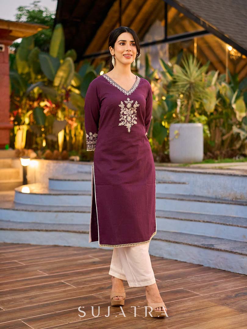 Elegant Purple Cotton Kurta with Intricate Contrast Thread Embroidery & Minimal Embellishment