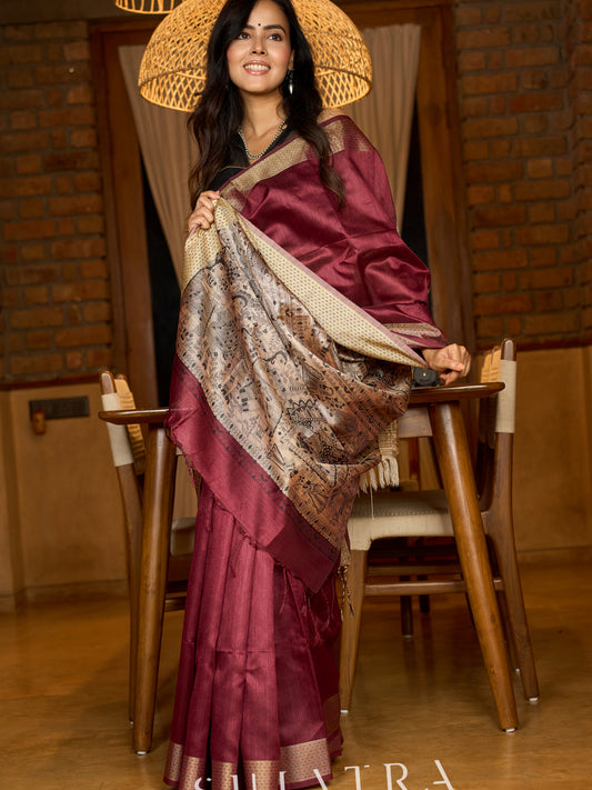 Heritage Ghicha silk in deep maroon, Madhubani-printed pallu elegance