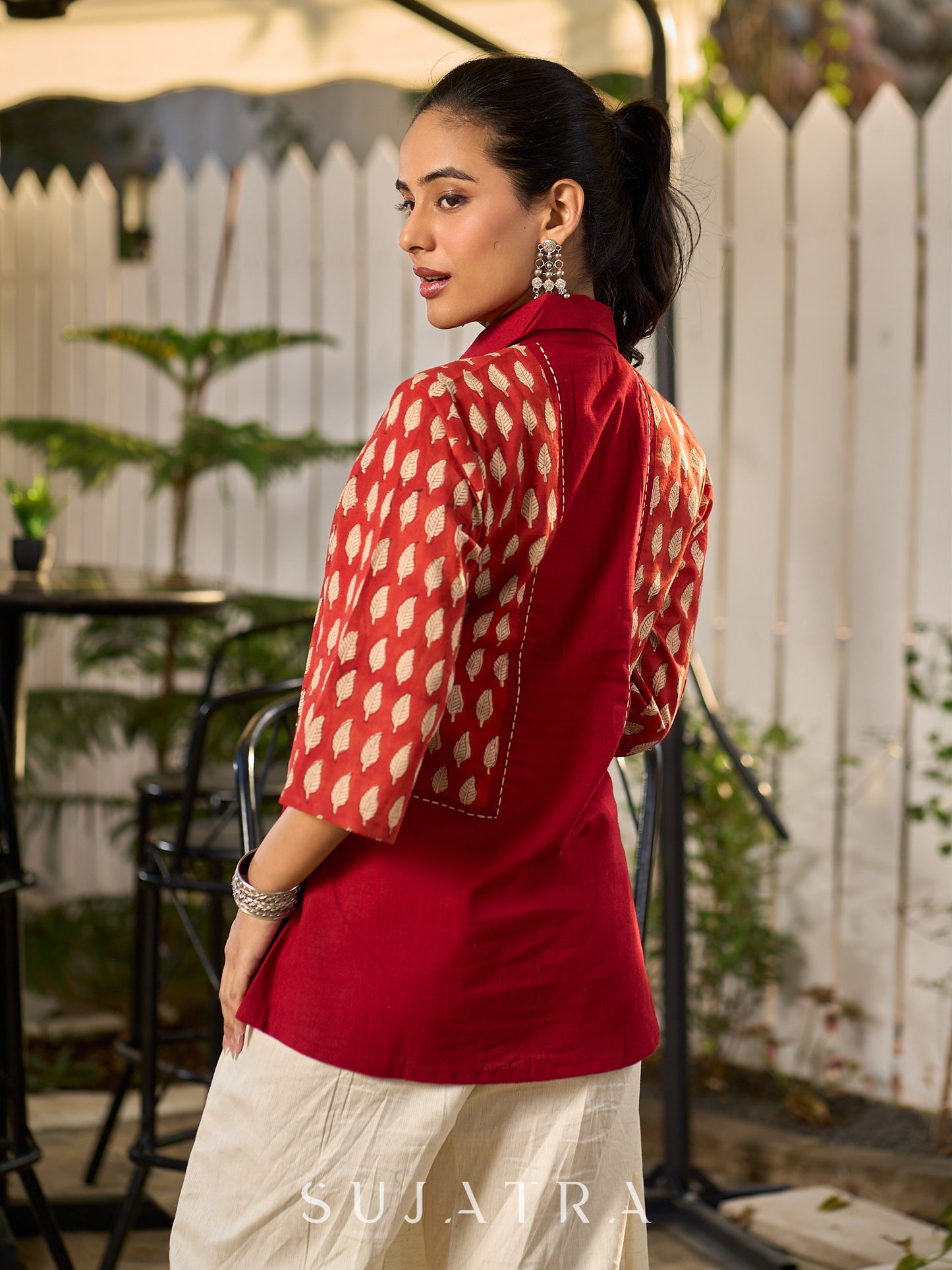 Deep Maroon Panelled Cotton Shirt Featuring Traditional Leaf Block Prints