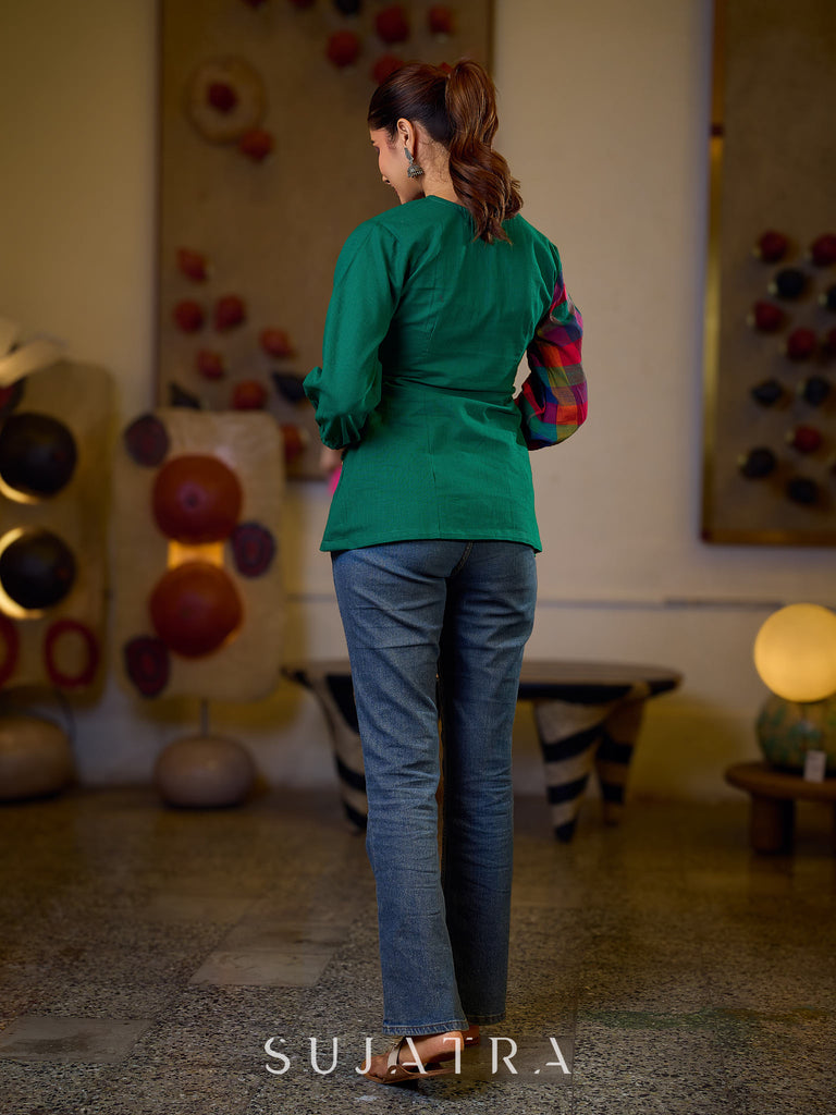 Vibrant Checkered Handloom Cotton Wrap Style Top with Plain Green Combination