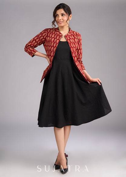 Timeless Ajrakh Maroon Printed Jacket with Contrasting Black Piping Detail - Dress optional