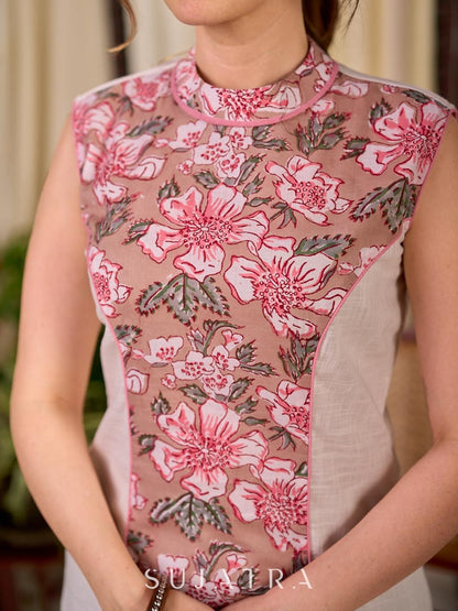 Dussehra Sale — Minimal White Cotton Sleeveless Halter-Neck Kurta with Pretty Pink Floral Center Panel