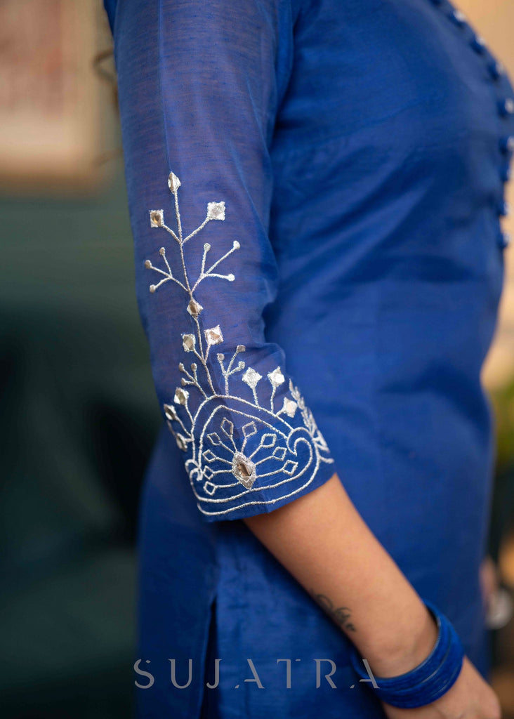 Beautiful Royal Blue Chanderi Kurta With Silver Embroidery On Sleeves - Pant Optional