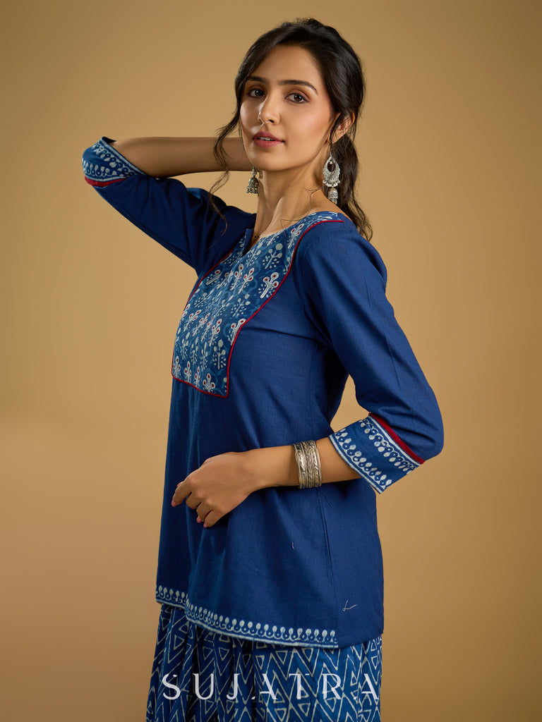 Stylish embroiderd cotton indigo top - Indigo balloon pant optional