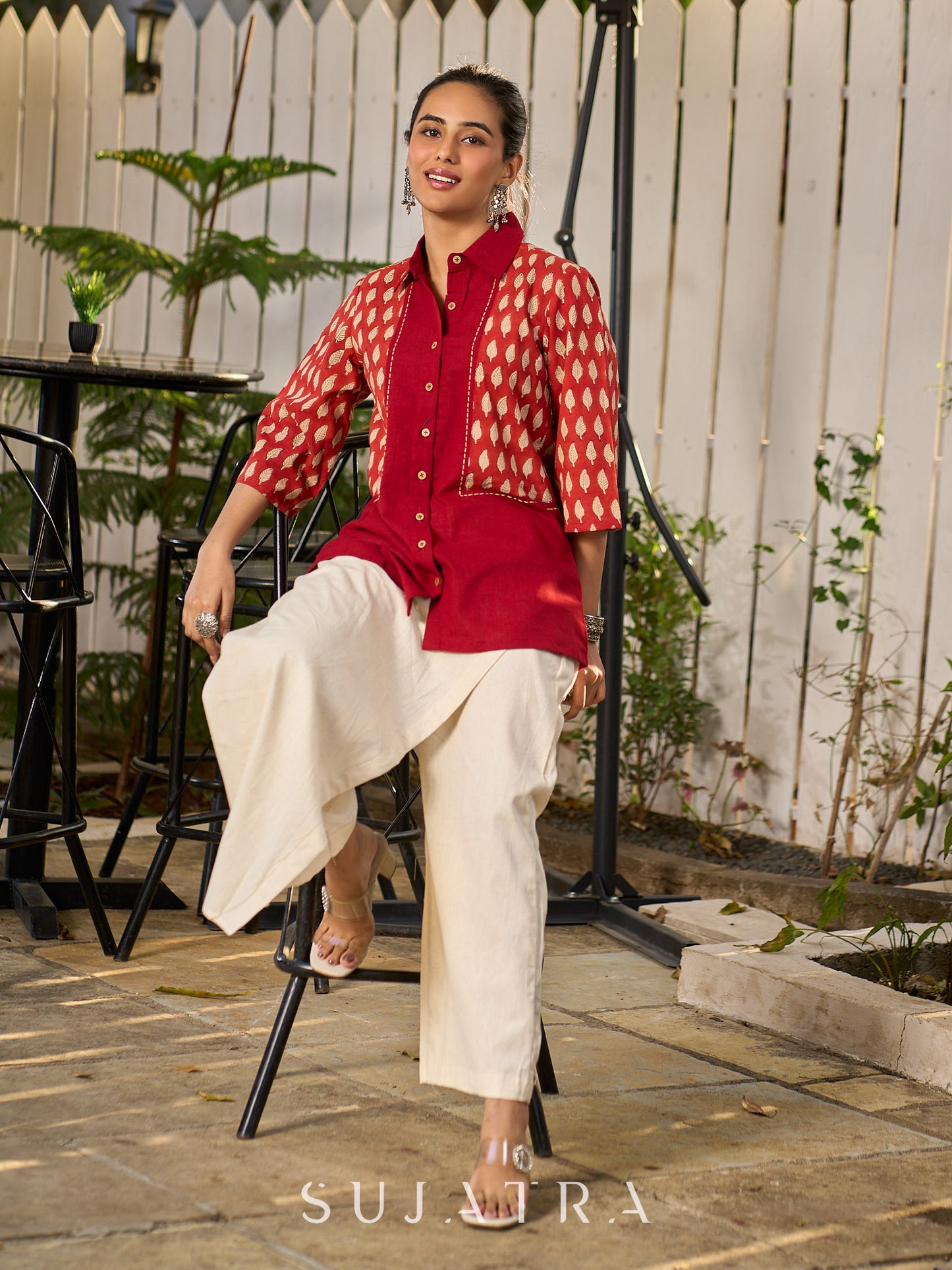 Deep Maroon Panelled Cotton Shirt Featuring Traditional Leaf Block Prints