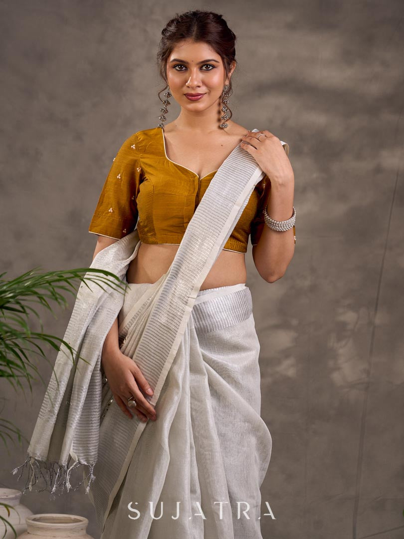 Elevated Grey Linen Saree with Cutwork
