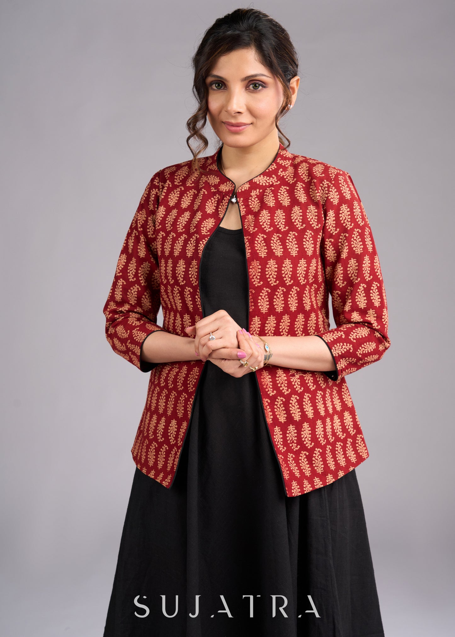 Timeless Ajrakh Maroon Printed Jacket with Contrasting Black Piping Detail - Dress optional