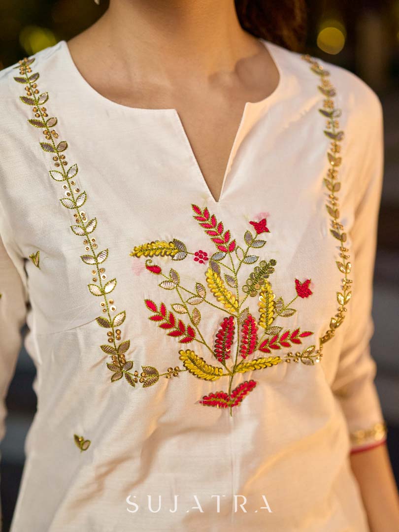 Contemporary White Chanderi Kurta with Minimal Hand Thread Embroidery & Gotapatti Work