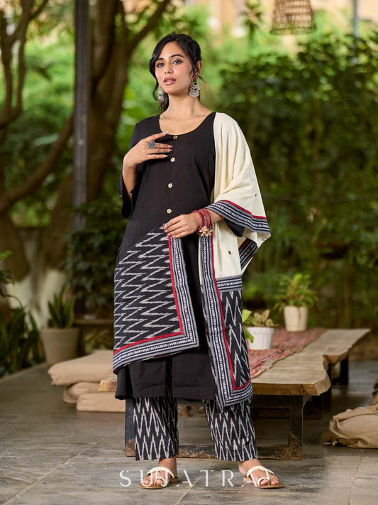 Graceful Off White Rayon Dupatta with Contrasting Ikat Pallu & Minimal Hand Embroidery