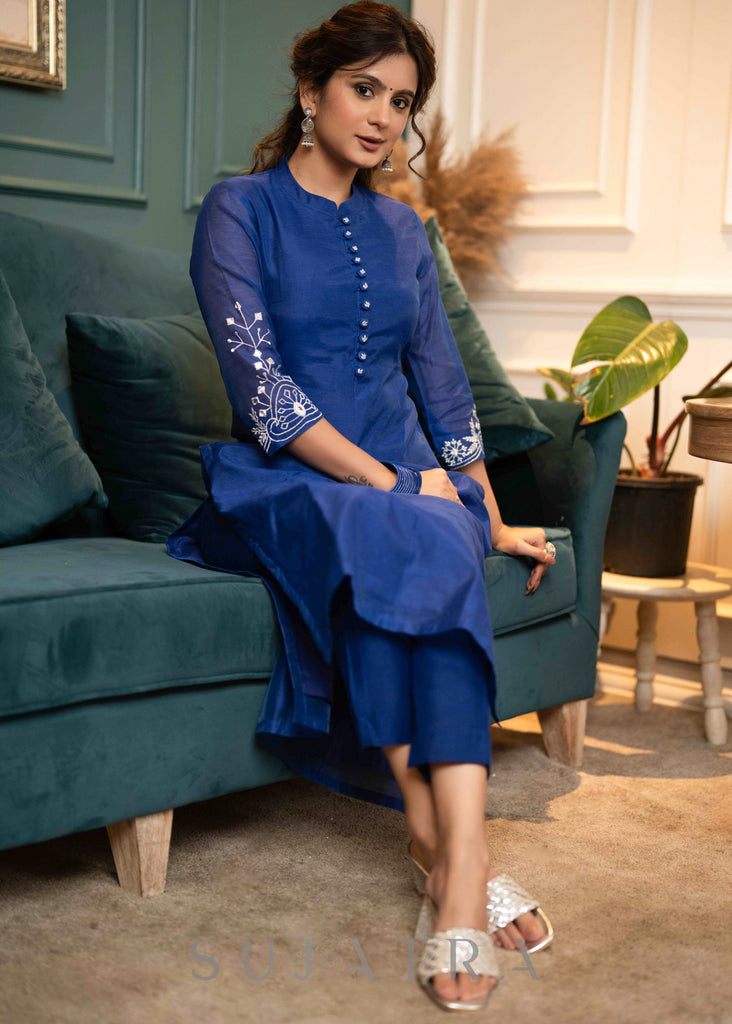 Beautiful Royal Blue Chanderi Kurta With Silver Embroidery On Sleeves - Pant Optional