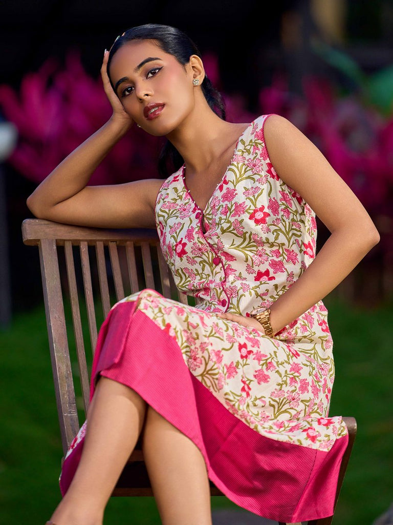 Soft Ivory Floral Cotton Dress With Magenta Panel And Front Button Placket
