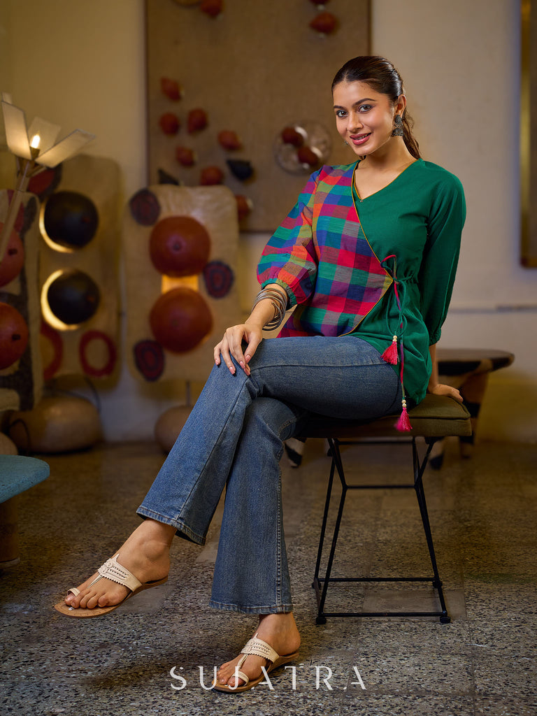 Vibrant Checkered Handloom Cotton Wrap Style Top with Plain Green Combination