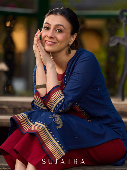 Classic Navy Blue Cotton Hand Block Printed Kurta With Exquisite Golden Pichwai Cow Print