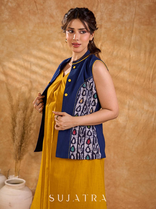 Elegant Navy Blue Cotton Sleeveless Jacket with Indigo Hand Kantha Side Panel & Contrasting Button and Collar Detail