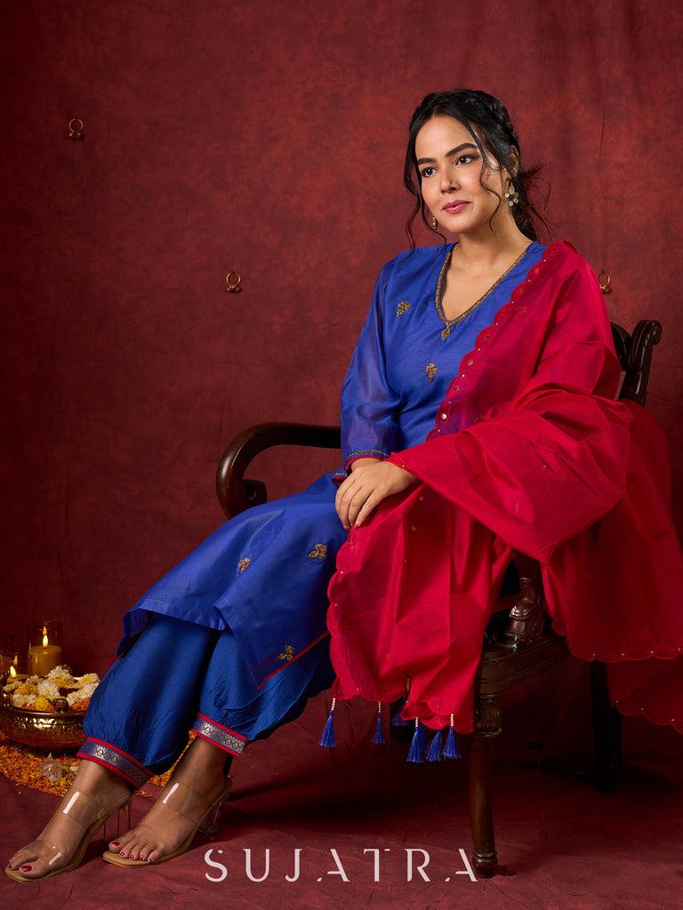 Blue Chanderi Hand Embroidered Kurta