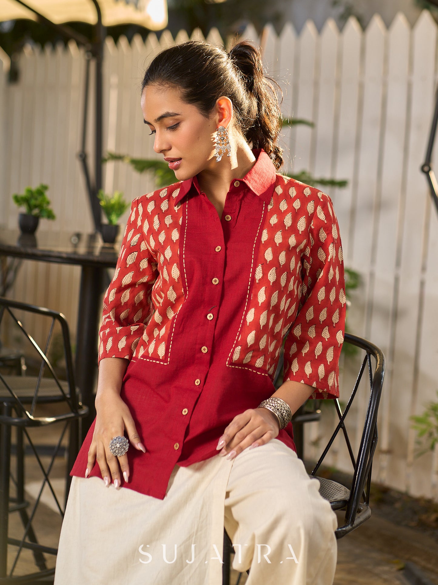 Deep Maroon Panelled Cotton Shirt Featuring Traditional Leaf Block Prints