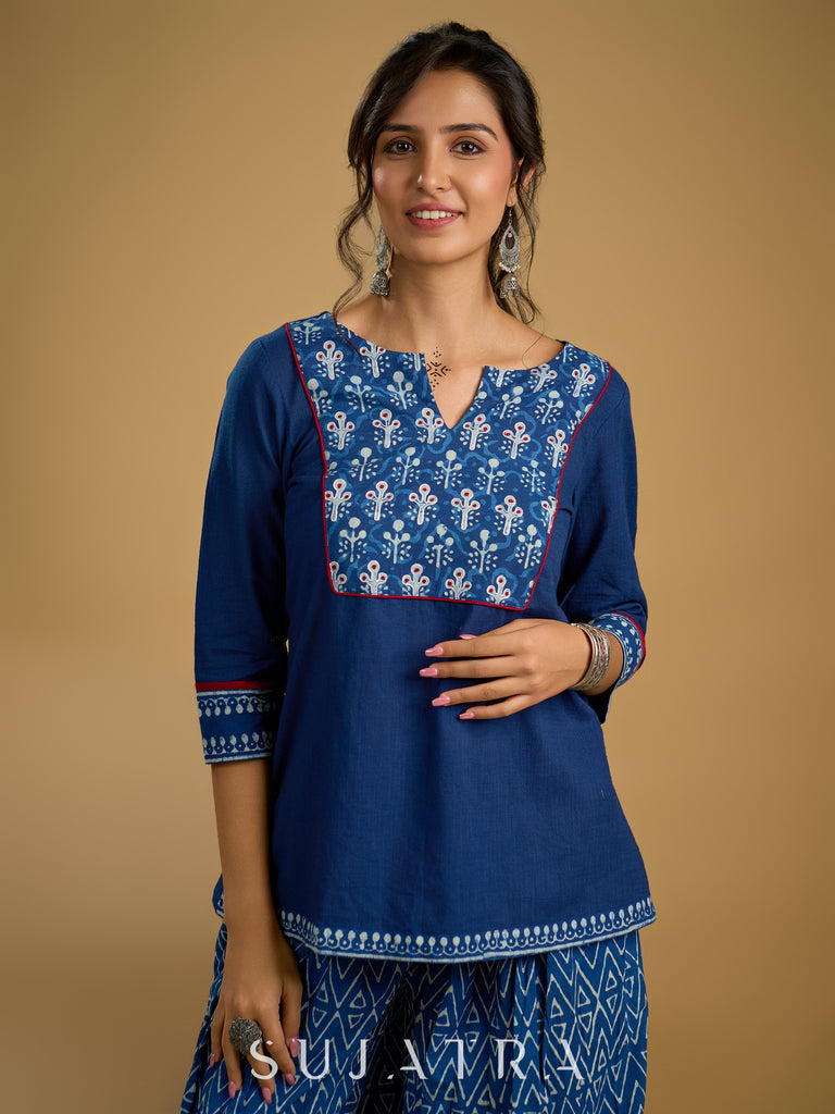 Stylish embroiderd cotton indigo top - Indigo balloon pant optional