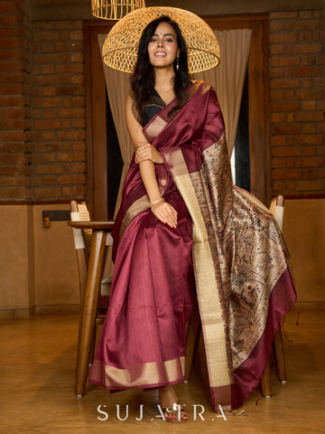 Heritage Ghicha silk in deep maroon, Madhubani-printed pallu elegance
