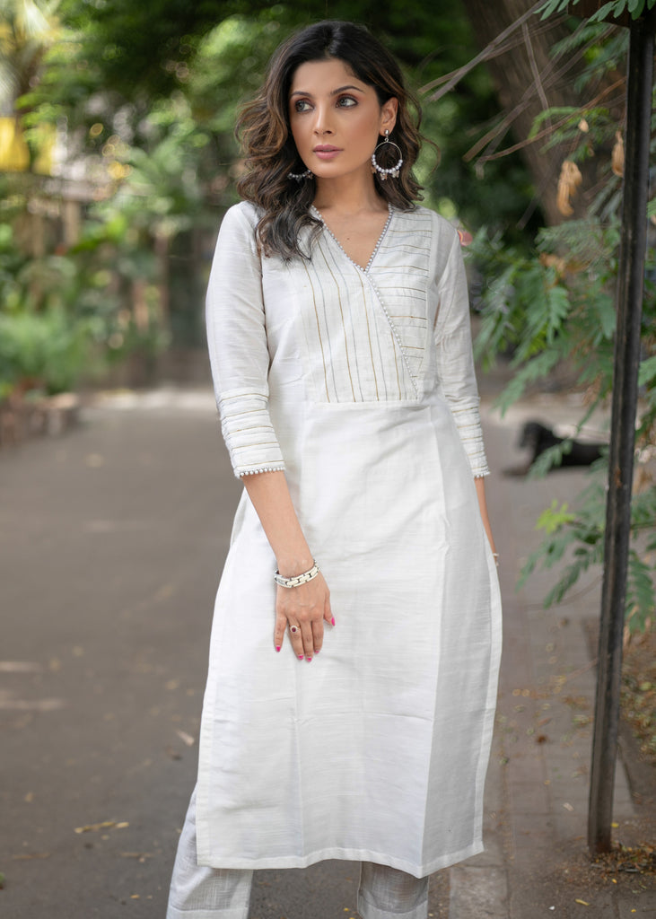 Trendy White Cotton Silk Straight Cut Kurta with White Bead Work on Neckline and Sleeves - Pant Optional