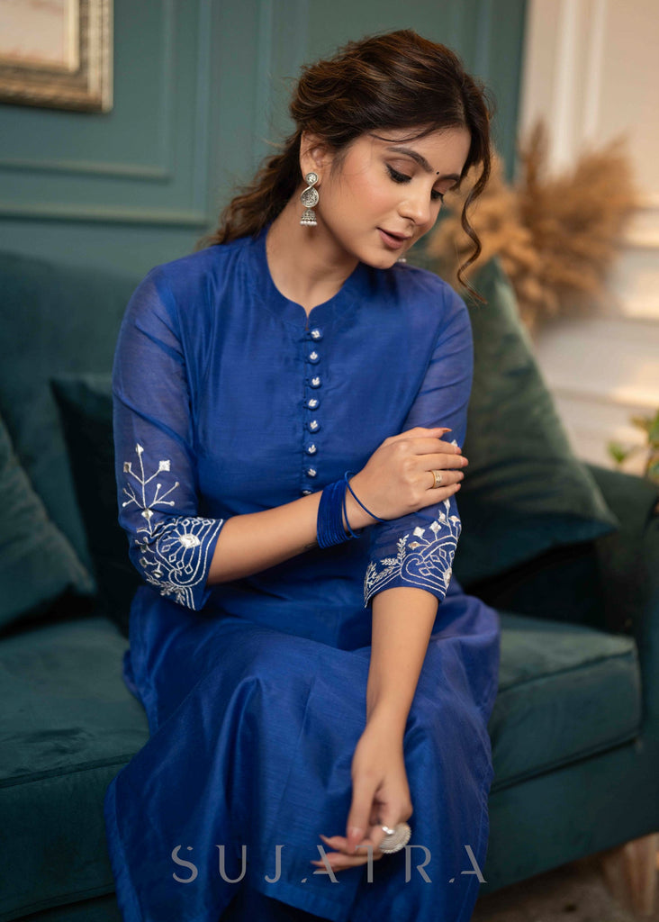 Beautiful Royal Blue Chanderi Kurta With Silver Embroidery On Sleeves - Pant Optional
