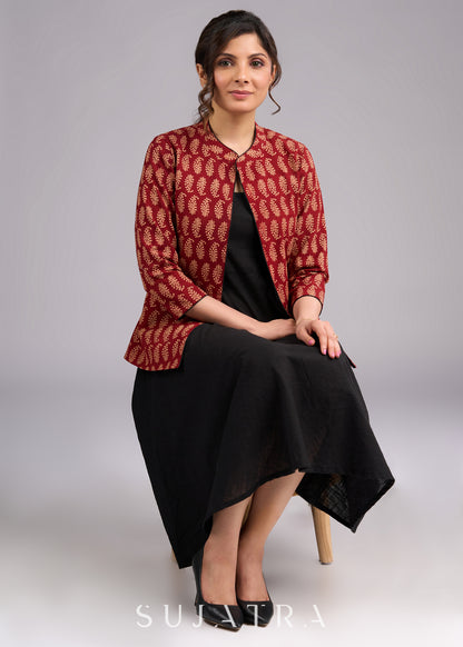 Timeless Ajrakh Maroon Printed Jacket with Contrasting Black Piping Detail - Dress optional