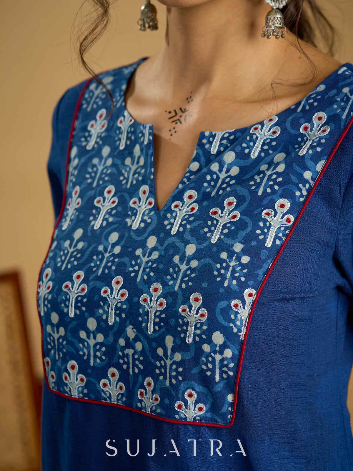 Dussehra Sale — Stylish embroiderd cotton indigo top - Indigo balloon pant Optional