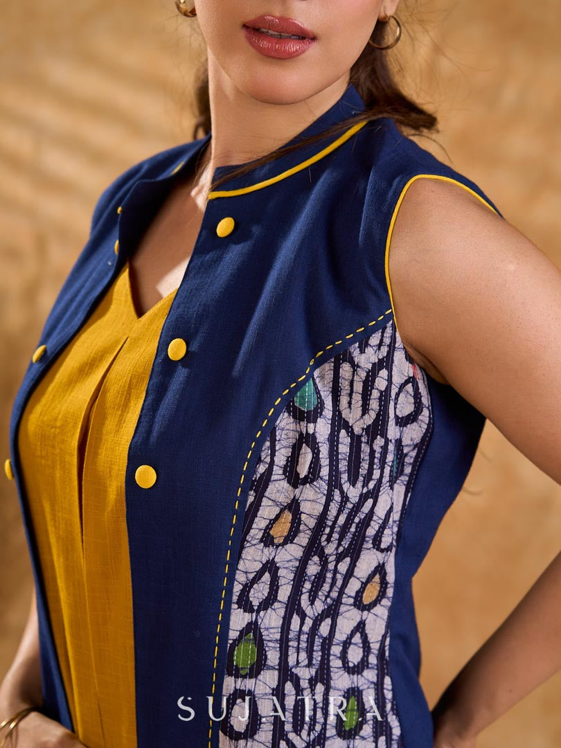 Elegant Navy Blue Cotton Sleeveless Jacket with Indigo Hand Kantha Side Panel & Contrasting Button and Collar Detail