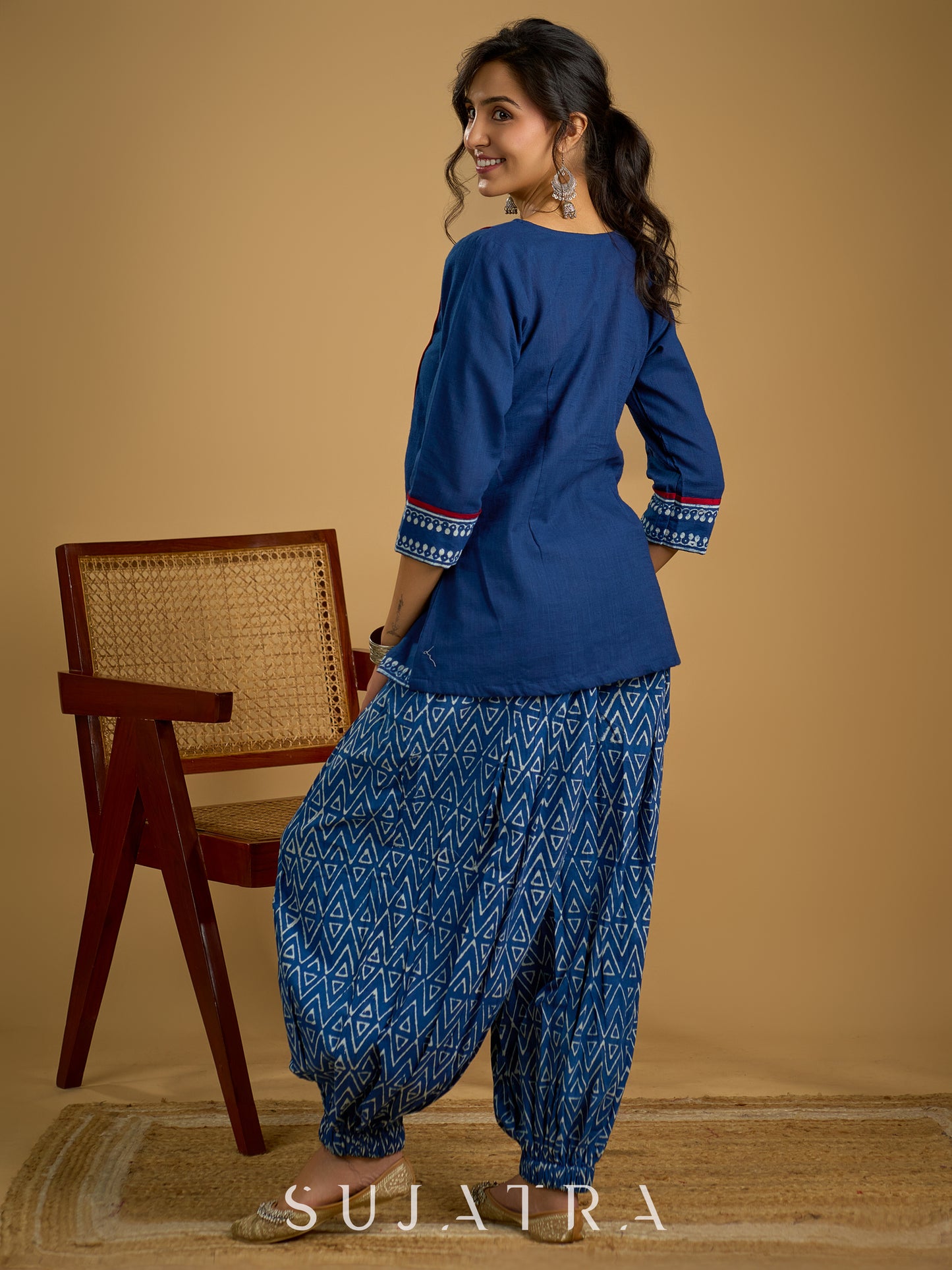 Stylish embroiderd cotton indigo top - Indigo balloon pant optional