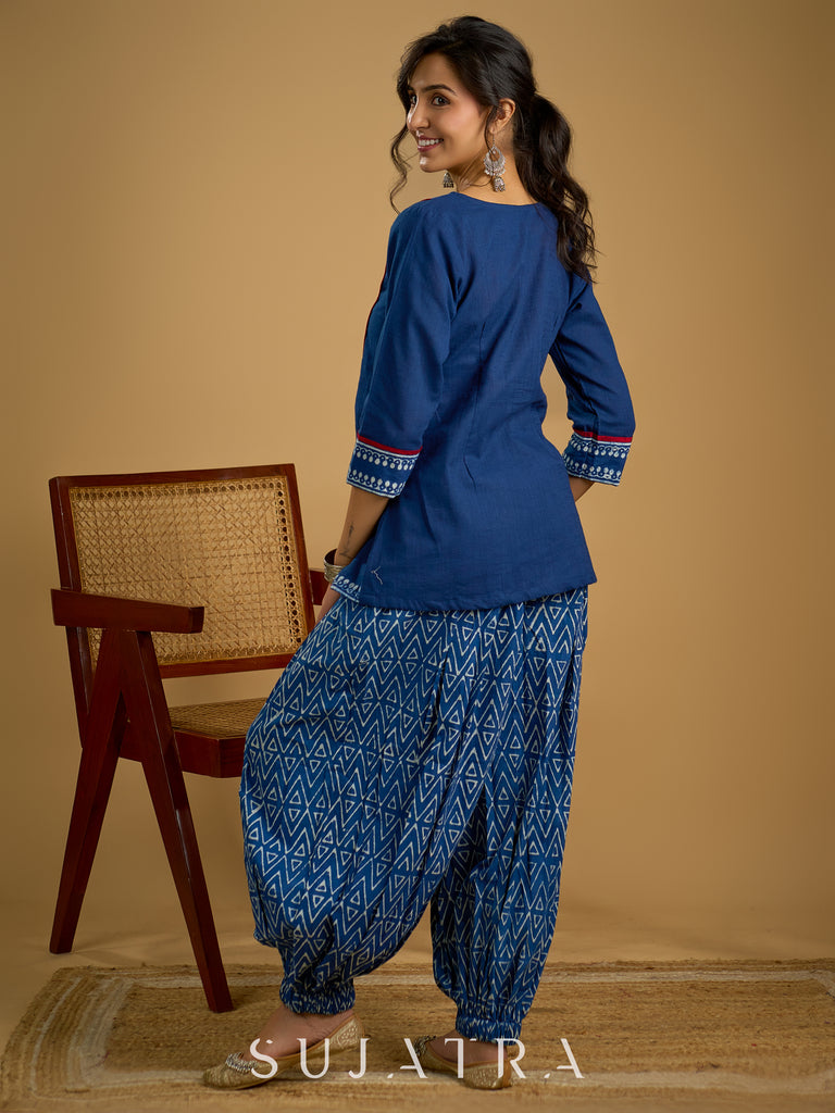 Stylish embroiderd cotton indigo top - Indigo balloon pant optional