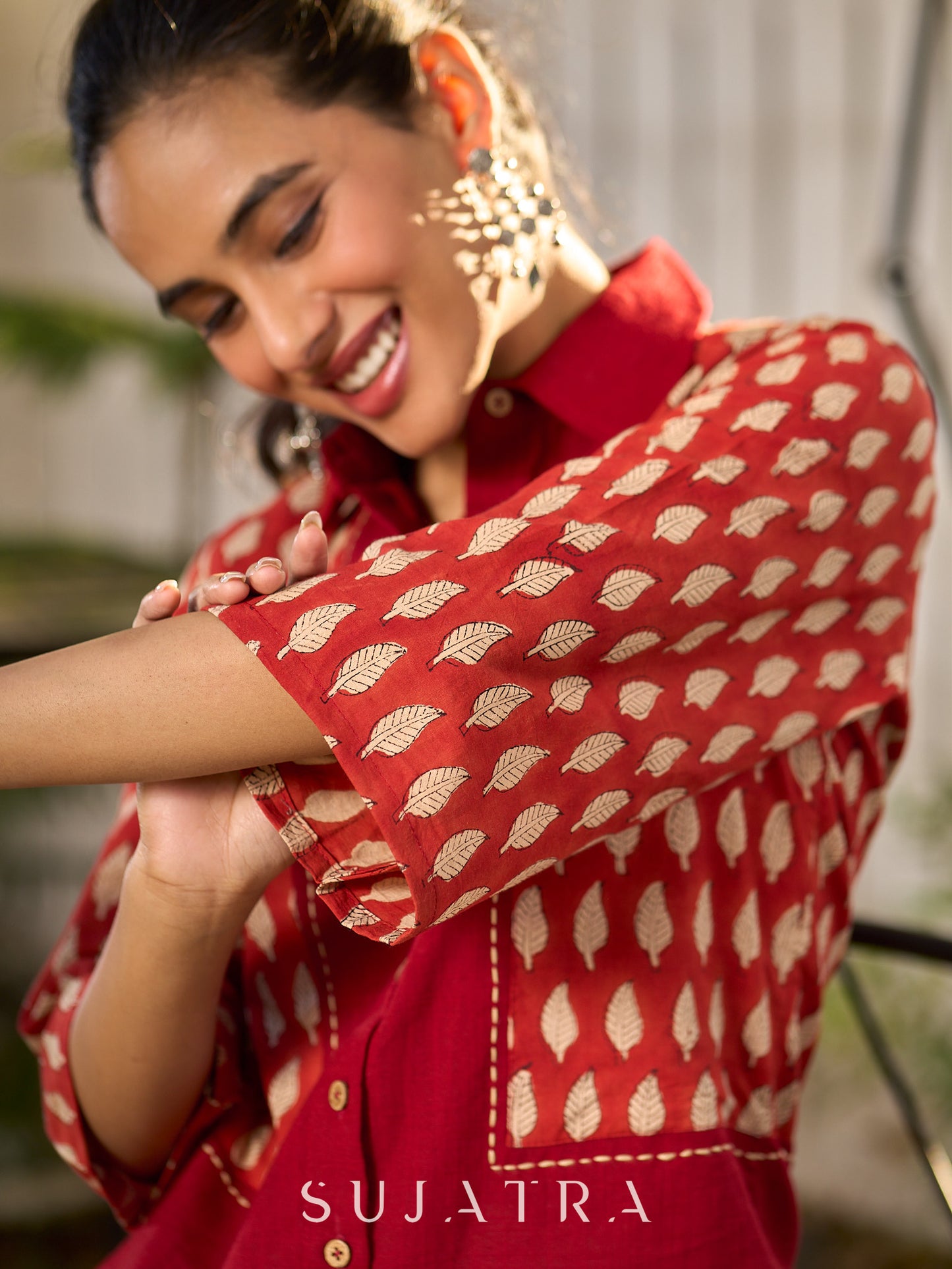Deep Maroon Panelled Cotton Shirt Featuring Traditional Leaf Block Prints