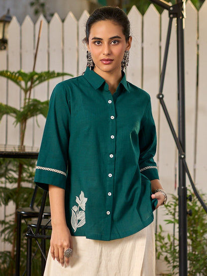 Classic Green Cotton Shirt Featuring Delicate Handcrafted Embroidery