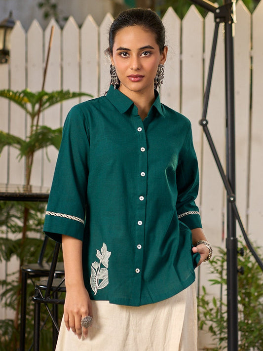 Classic Green Cotton Shirt Featuring Delicate Handcrafted Embroidery