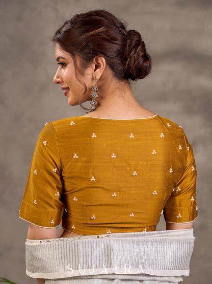 Mustard Cotton Silk Sweetheart Neck Blouse with Pearl Buti Embroidery