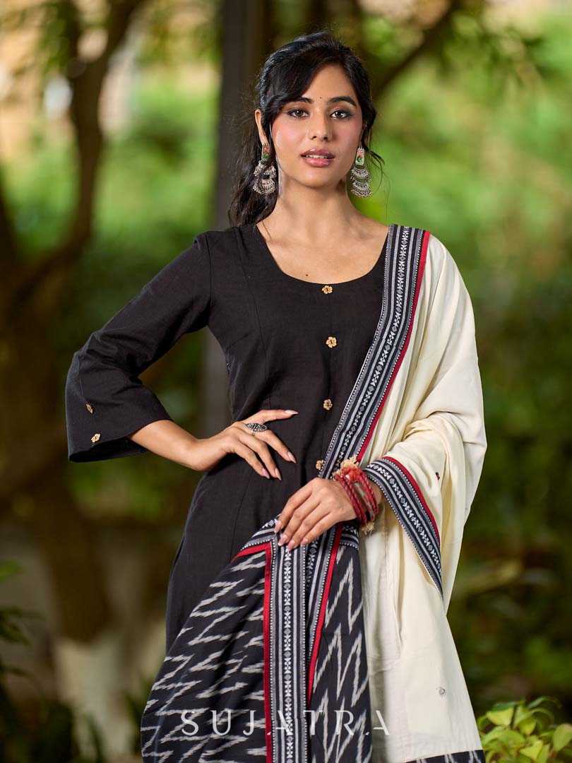 Graceful Off White Rayon Dupatta with Contrasting Ikat Pallu & Minimal Hand Embroidery