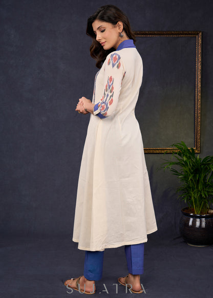 Trendy-Off-White-Cotton-Ikat-Combination-Kurta-With-Beautiful-Collar--Pant-Optional