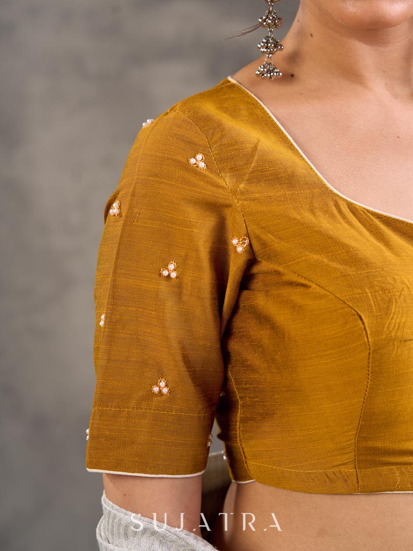 Mustard Cotton Silk Sweetheart Neck Blouse with Pearl Buti Embroidery