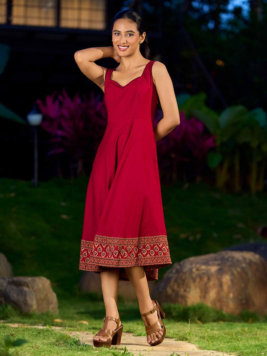 Maroon Rayon Dress with Ajrakh border