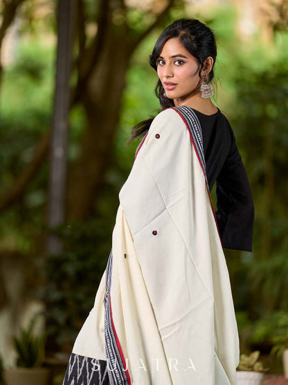 Graceful Off White Rayon Dupatta with Contrasting Ikat Pallu & Minimal Hand Embroidery