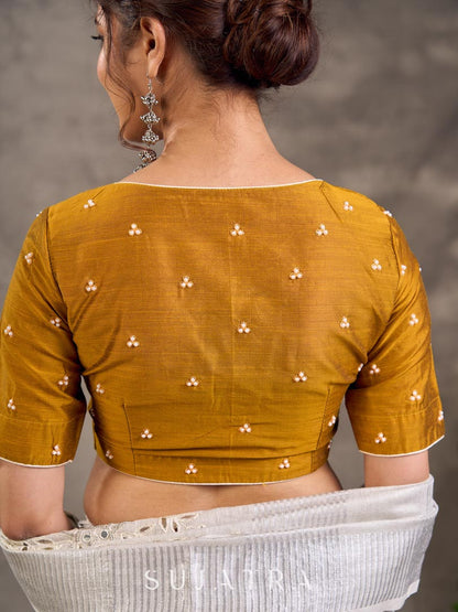 Mustard Cotton Silk Sweetheart Neck Blouse with Pearl Buti Embroidery