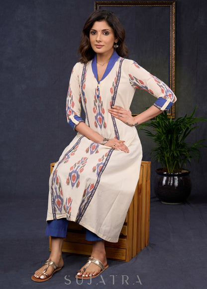Trendy-Off-White-Cotton-Ikat-Combination-Kurta-With-Beautiful-Collar--Pant-Optional