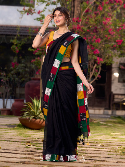 Graceful Black Cotton Saree with Vibrant Colorblock Patchwork
