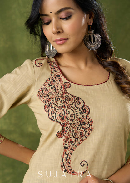 Classy Hand Block Printed Cotton Beige Kurta - Pant Optional