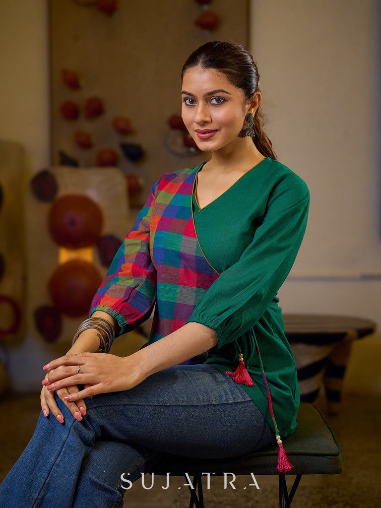 Vibrant Checkered Handloom Cotton Wrap Style Top with Plain Green Combination