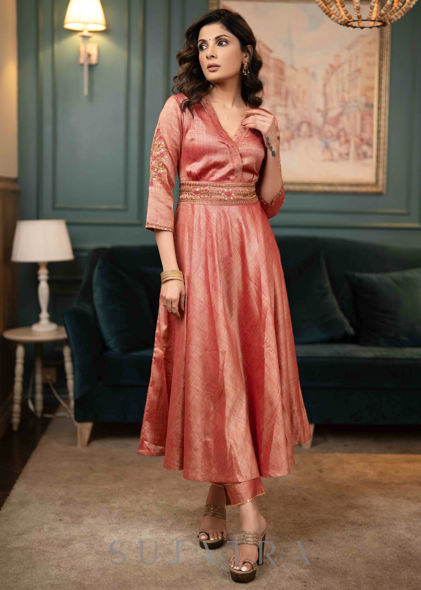 Beautifully Hand Embroidered Onion Pink Blended Silk Flared Kurta - Pant Optional