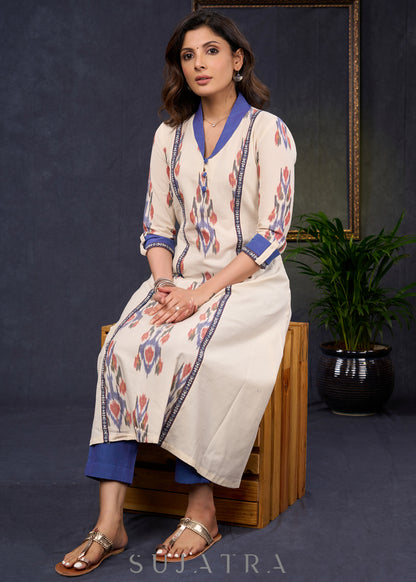 Trendy-Off-White-Cotton-Ikat-Combination-Kurta-With-Beautiful-Collar--Pant-Optional