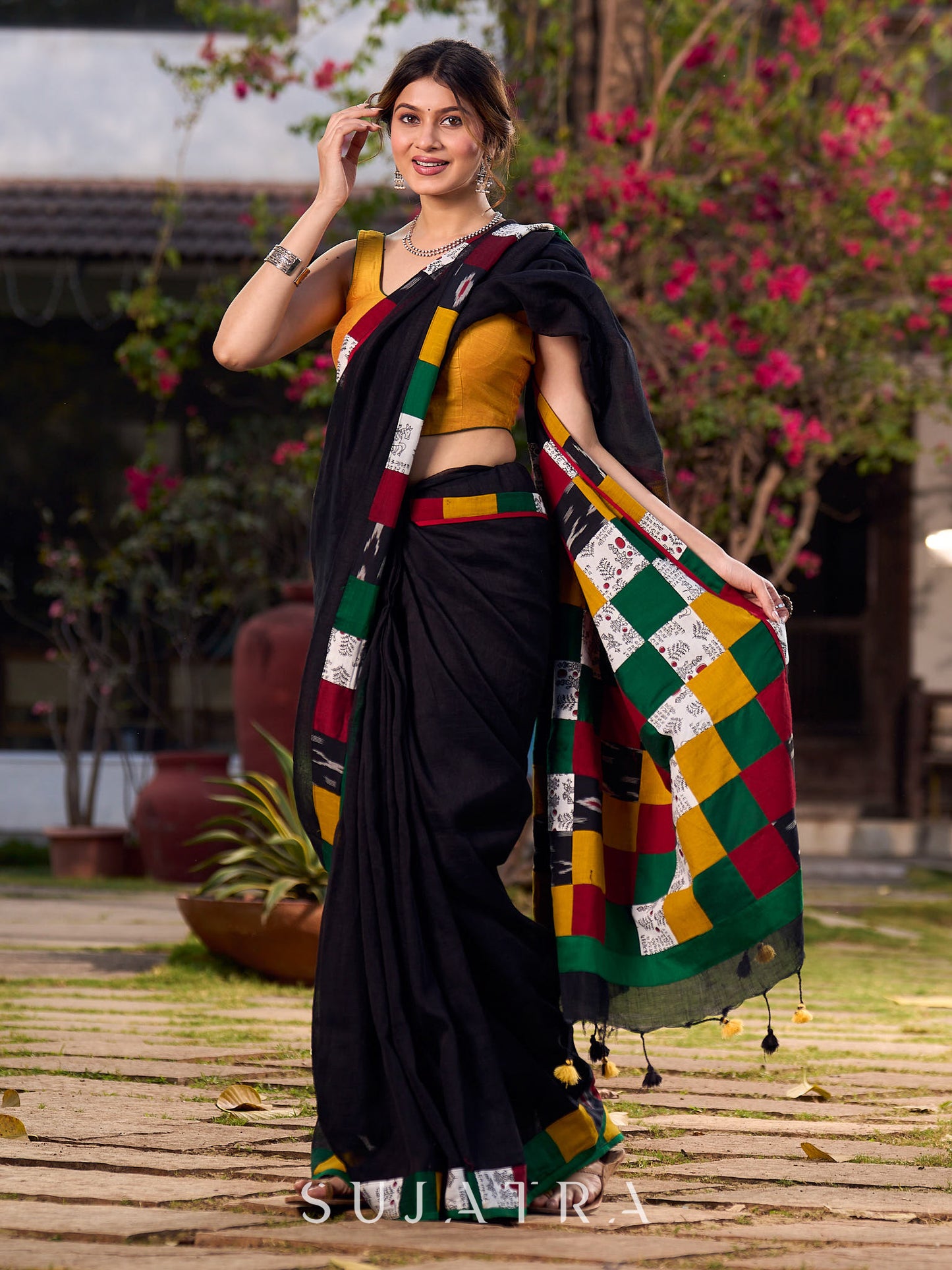 Chic Black Cotton Saree with Vibrant Colorblock Patchwork
