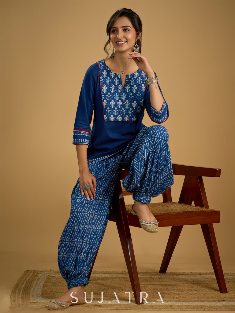 Stylish embroiderd cotton indigo top - Indigo balloon pant optional